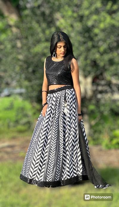 Black and white combo lehanga set with embroidery on neck