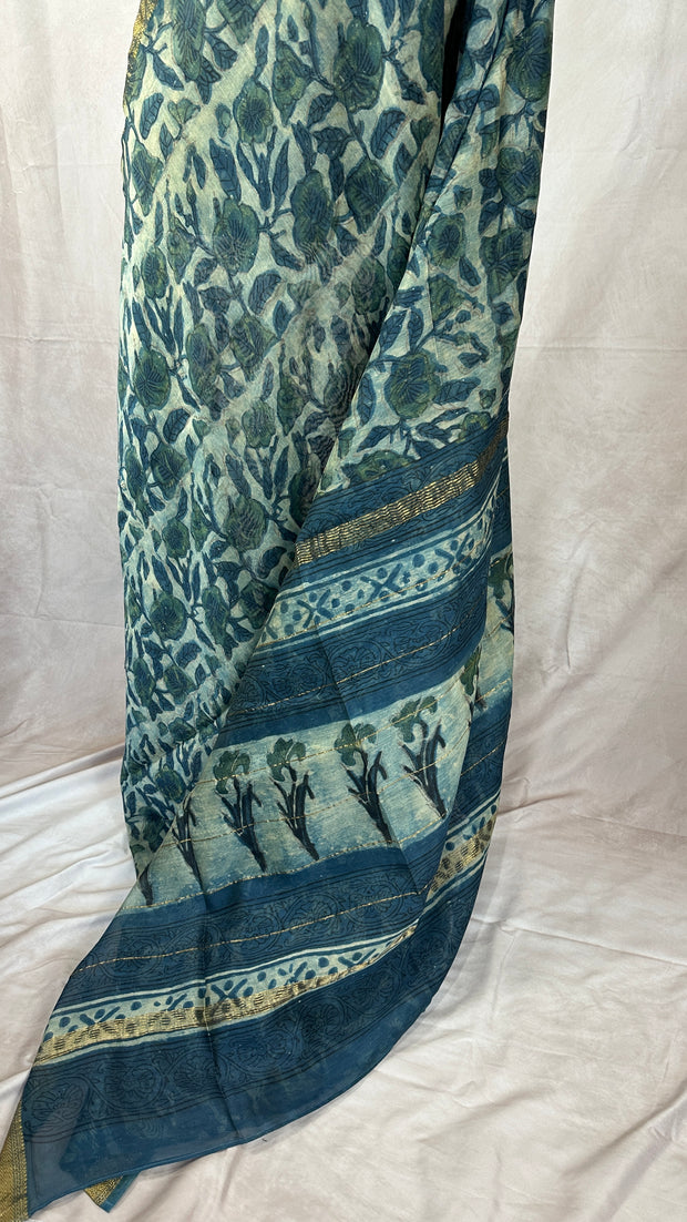 Handblock printed Maheswari cotton silk saree with stitched designer blouse