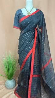 Pure Muslin Silk Saree with Weaved Sequins and Stitched Blouse