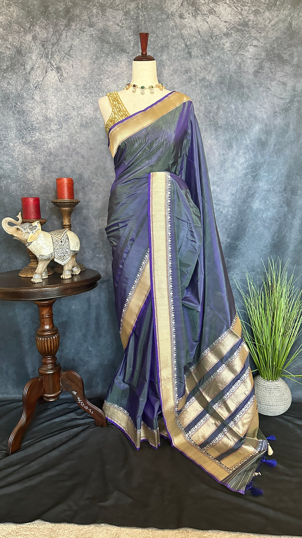 Handloom pure organza crepe silk saree with silver and gold weaved boder, with stitched blouse