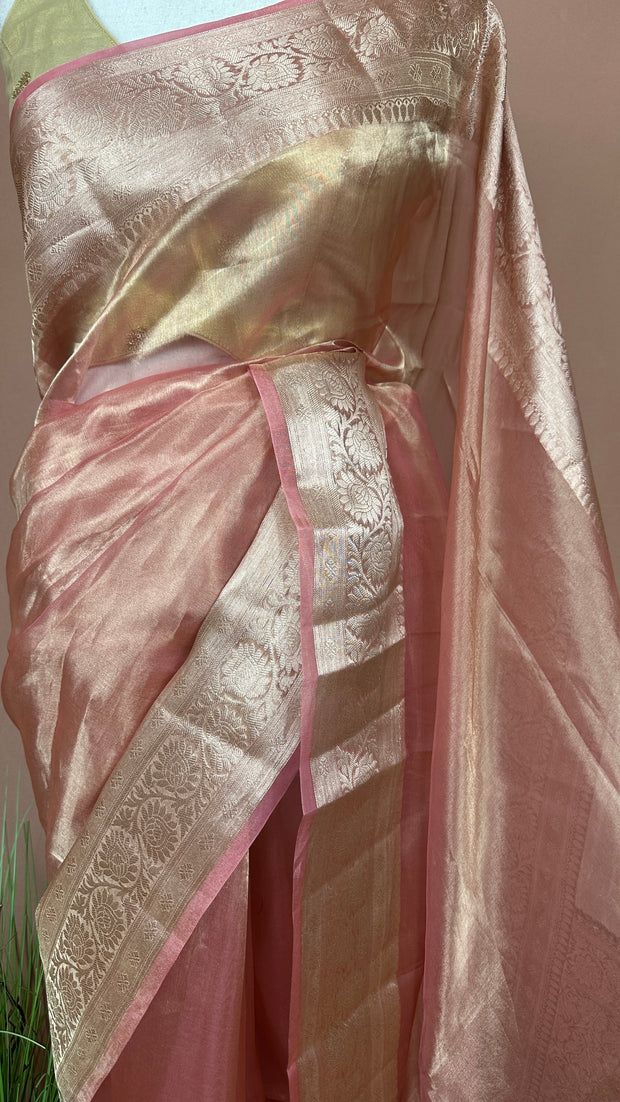 Pure Peach organza tissue silk saree with stitched blouse