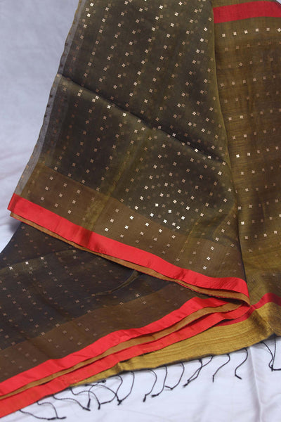 Pure muslin silk saree with weaved sequins and stitched blouse