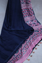 Modal silk saree with hand block print on pallu, with stitched blouse