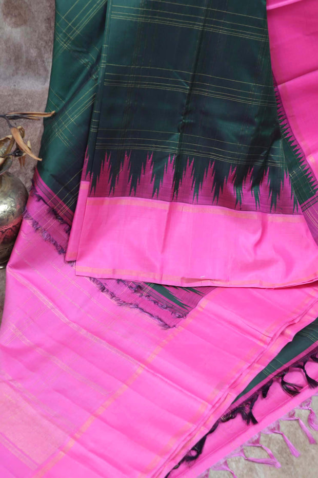 Handwoven Bottle green  Kanchivaram  pure silk saree with pink temple border and stitched blouse