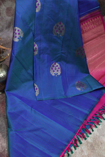 Handwoven Blue Kanchivaram pure silk saree with Pink pallu and blouse