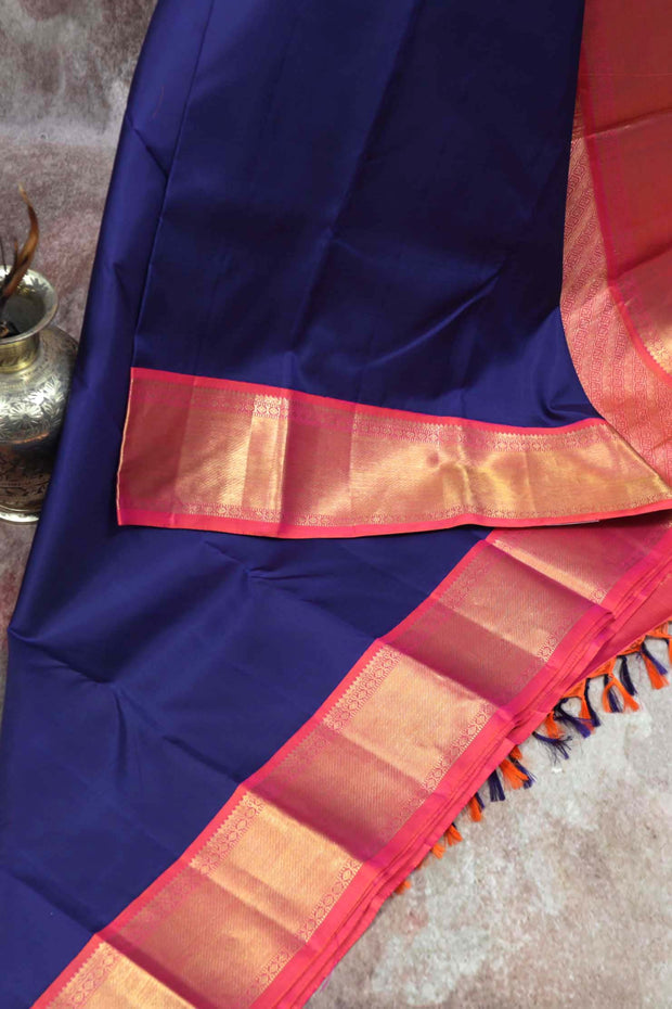 Handwoven Blue and orange pink pure silk kanchivaram silk saree with stitched blouse