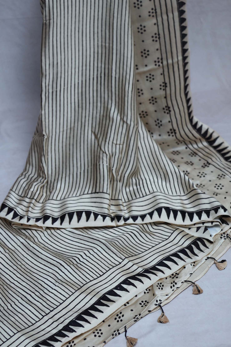 Off white modal silk saree with hand block print , no BP