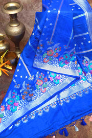 Handloom Blue silver Tussar georgette saree with banarsi weave, stitched blouse