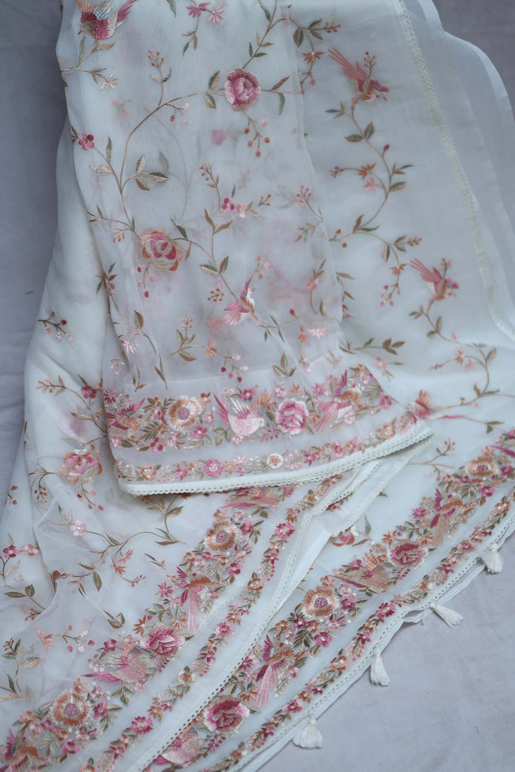 Off white soft organza saree with Parsi gara machine embroidery work , with stitched blouse