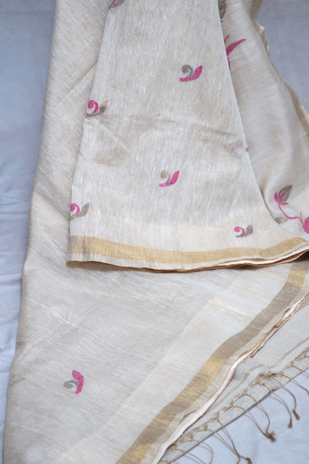 Pink tissue linen saree with jamdani weave, with BP