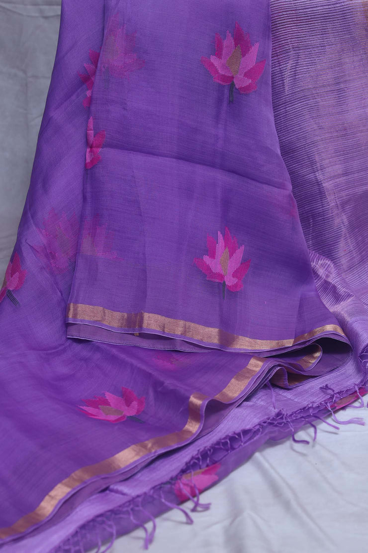 Pure muslin silk saree with jamdani waeve and stitched blouse