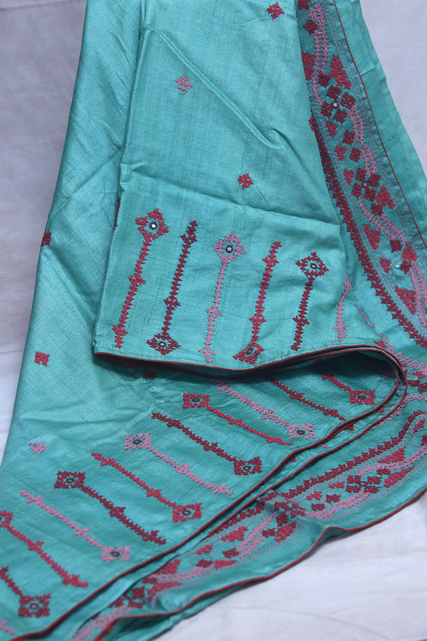 Pure tussar silk saree with kutch work, stitched blouse