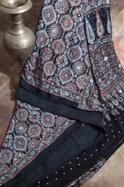 Black Ajrakh hand blocked printed modal silk saree with Mirror work, stitched blouse