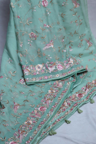 Sea Green soft organza saree with Parsi gara machine embroidery work , with stitched blouse