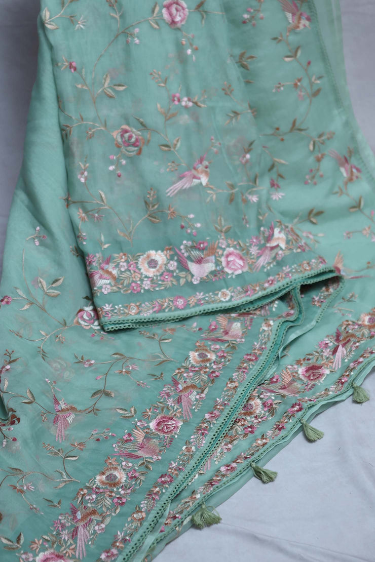 Sea Green soft organza saree with Parsi gara machine embroidery work , with stitched blouse