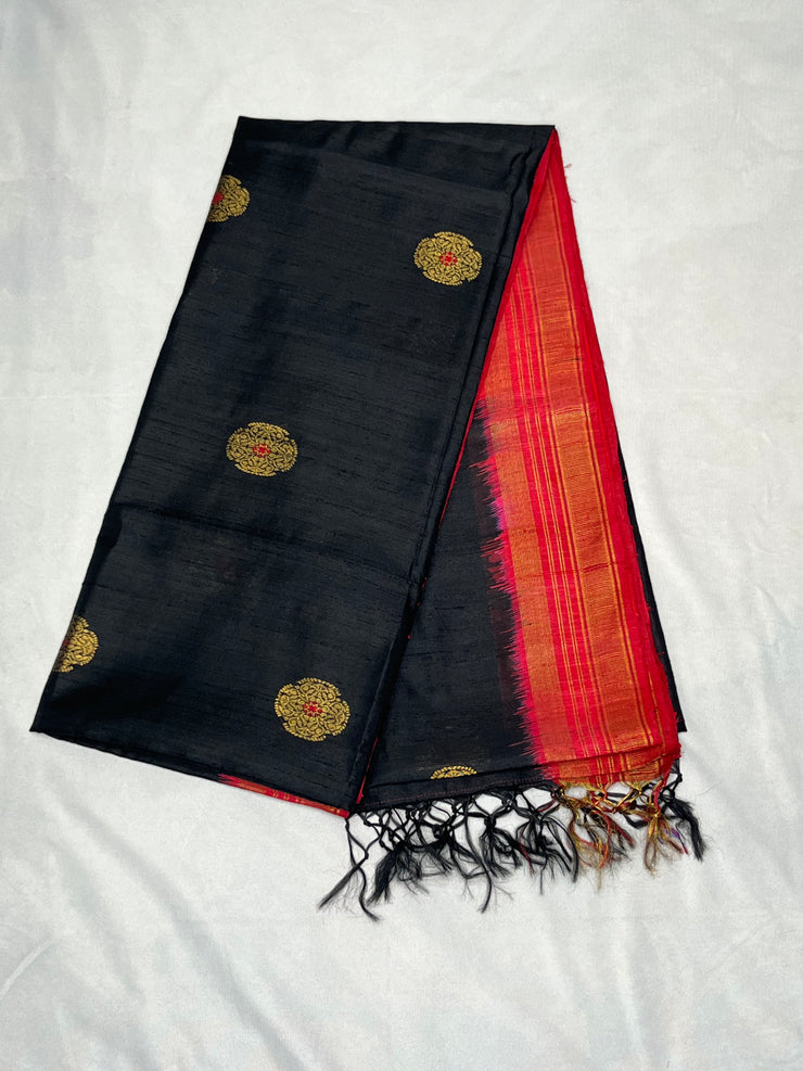 Black and Red Combo Pure Raw Silk Saree with Stitched Blouse