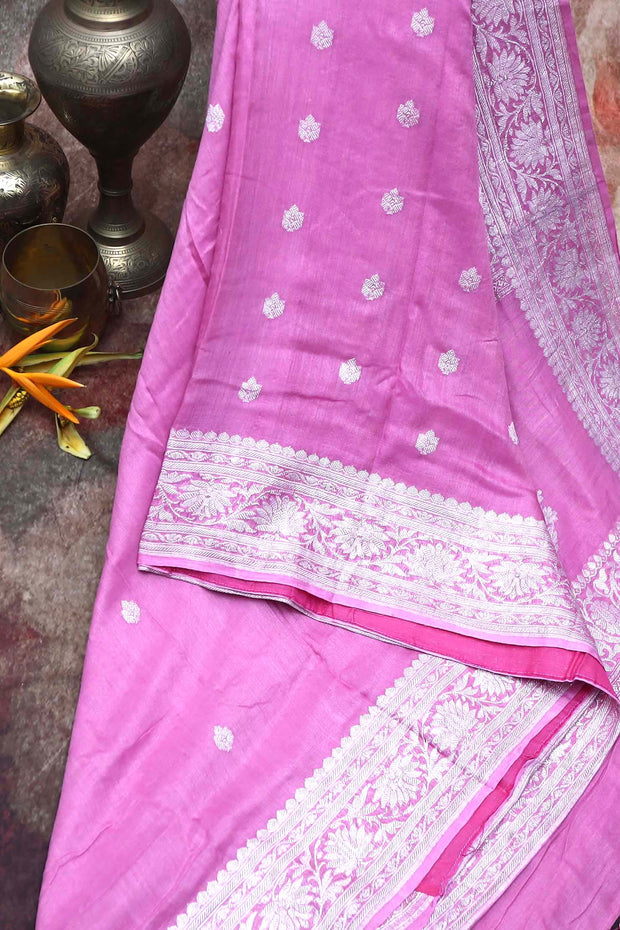 Lotus pink color handloom munga silk saree with silver zari banarsi weave , stitched blouse