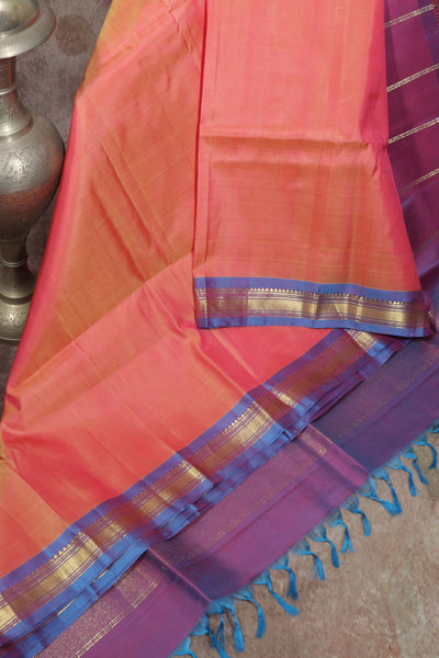 Peach and blue Combo  Kanchivaram saree with stitched blouse