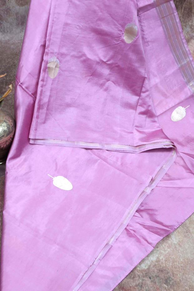 Pure Lavender soft katan handwoven silk saree with gold and silver border, with stitched blouse