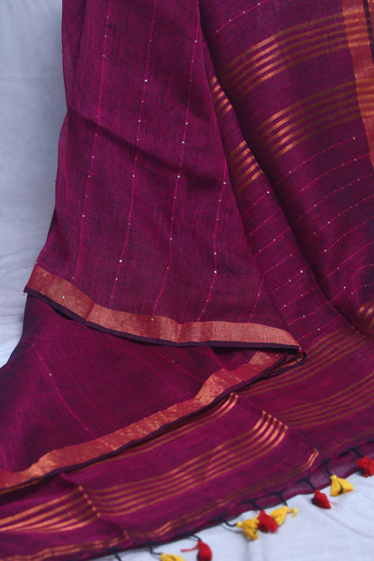 Handloom linen saree with sequins weave , with BP