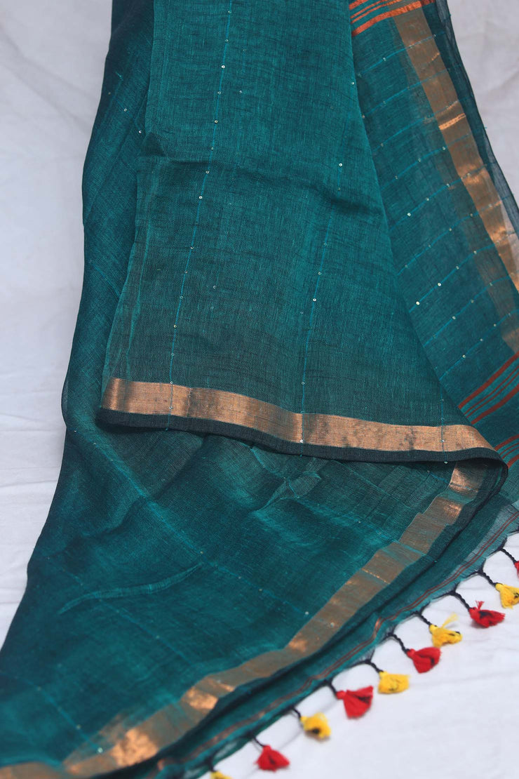 Handloom linen saree with sequins weave , with BP