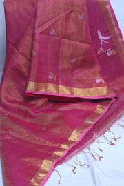 Pink tissue linen saree with jamdani weave, with BP