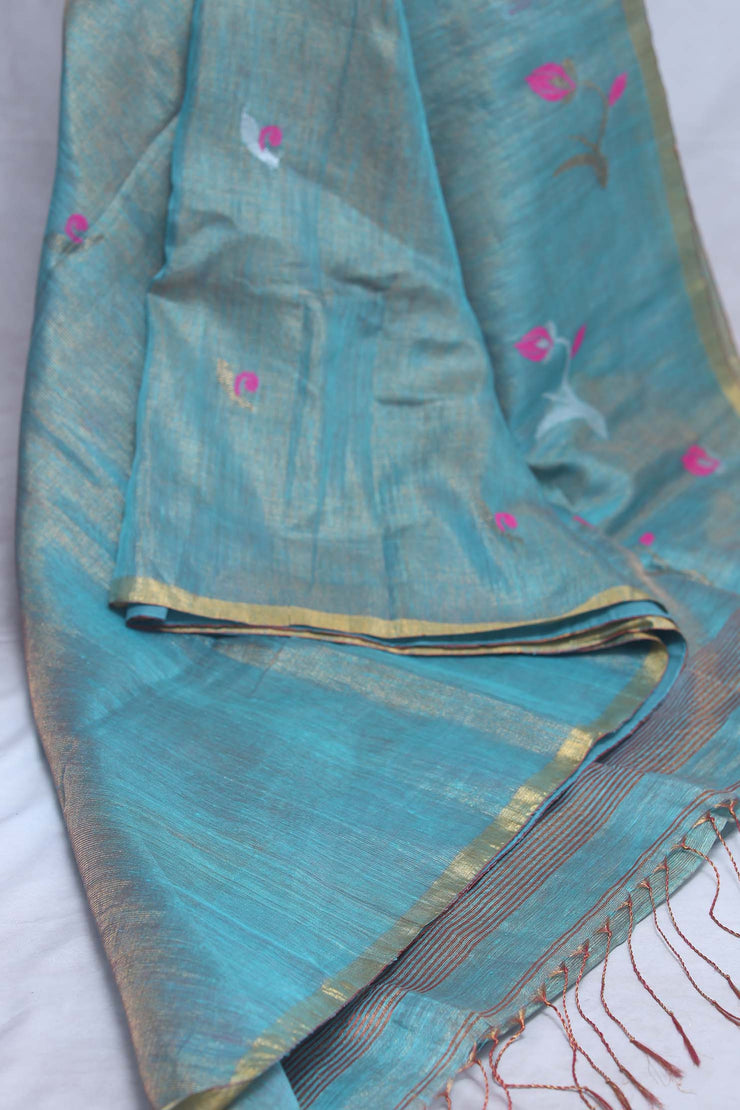 Light blue tissue linen saree with jamdani weave, with BP