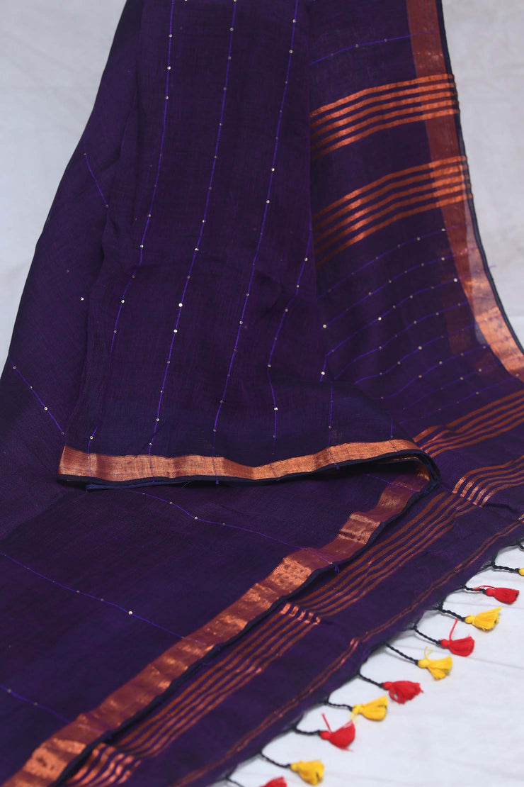 Handloom linen saree with sequins weave , with BP