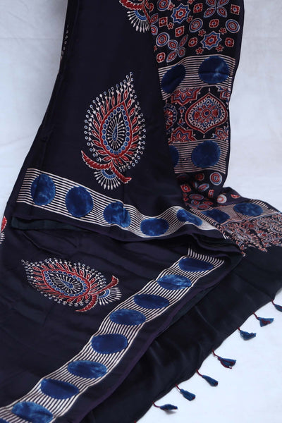 Ajrakh handblock printed modal silk saree with stitched blouse