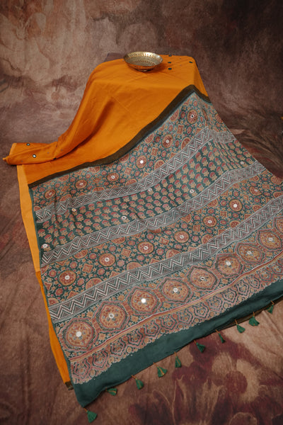 Ajrakh hand block printed Modal silk saree with bead and mirror wirk, with stitched blouse