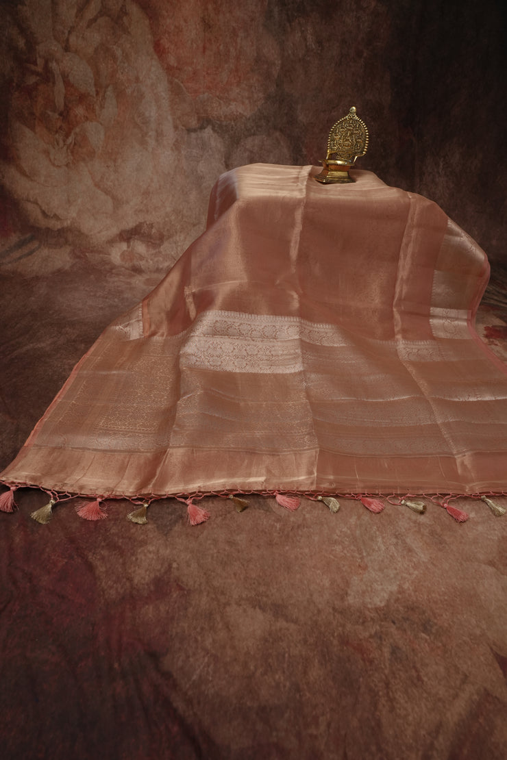 Pure Peach organza tissue silk saree with stitched blouse