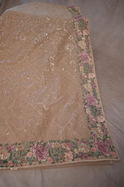 Peach soft organza saree with sequins and embroidery, with stitched blouse