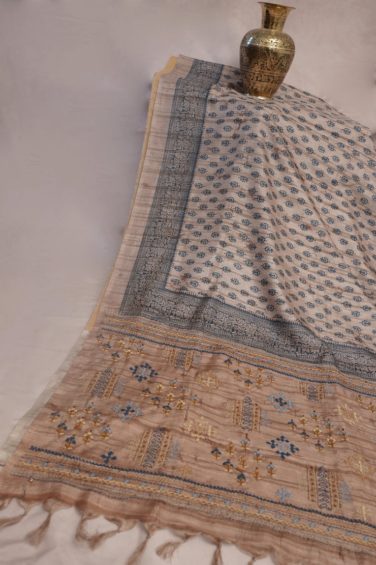 Printed Tussar silk saree with hand emroidery and stitched blouse