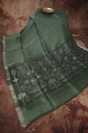 Silk linen saree with jamdani weaved pallu, with stitched blouse