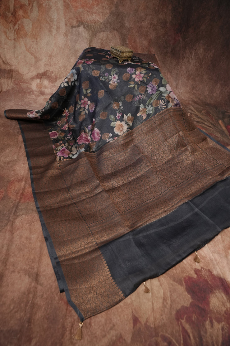 Floral printed pure tussar banarsi with stitched blouse