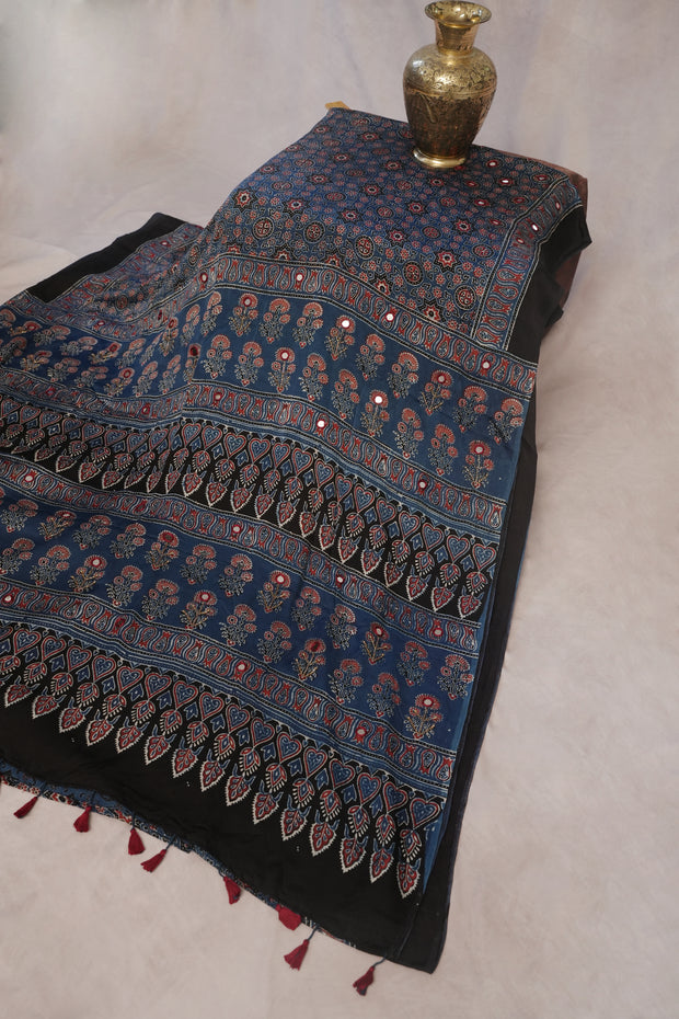 Ajrakh hand block printed Modal silk saree with bead and mirror wirk, with stitched blouse