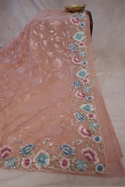 Coral soft organza saree with sequins and embroidery, with stitched blouse