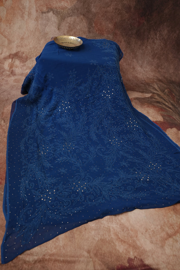 Chikankari hadn Mukesh worked Blue georgette saree with stitched blouse