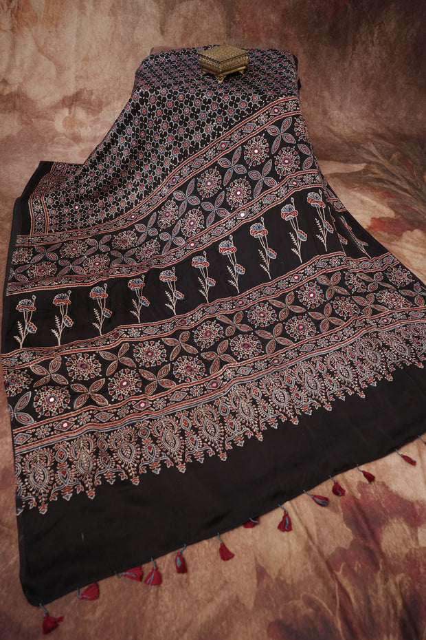 Ajrakh hand block printed Modal silk saree with bead and mirror wirk, with stitched blouse