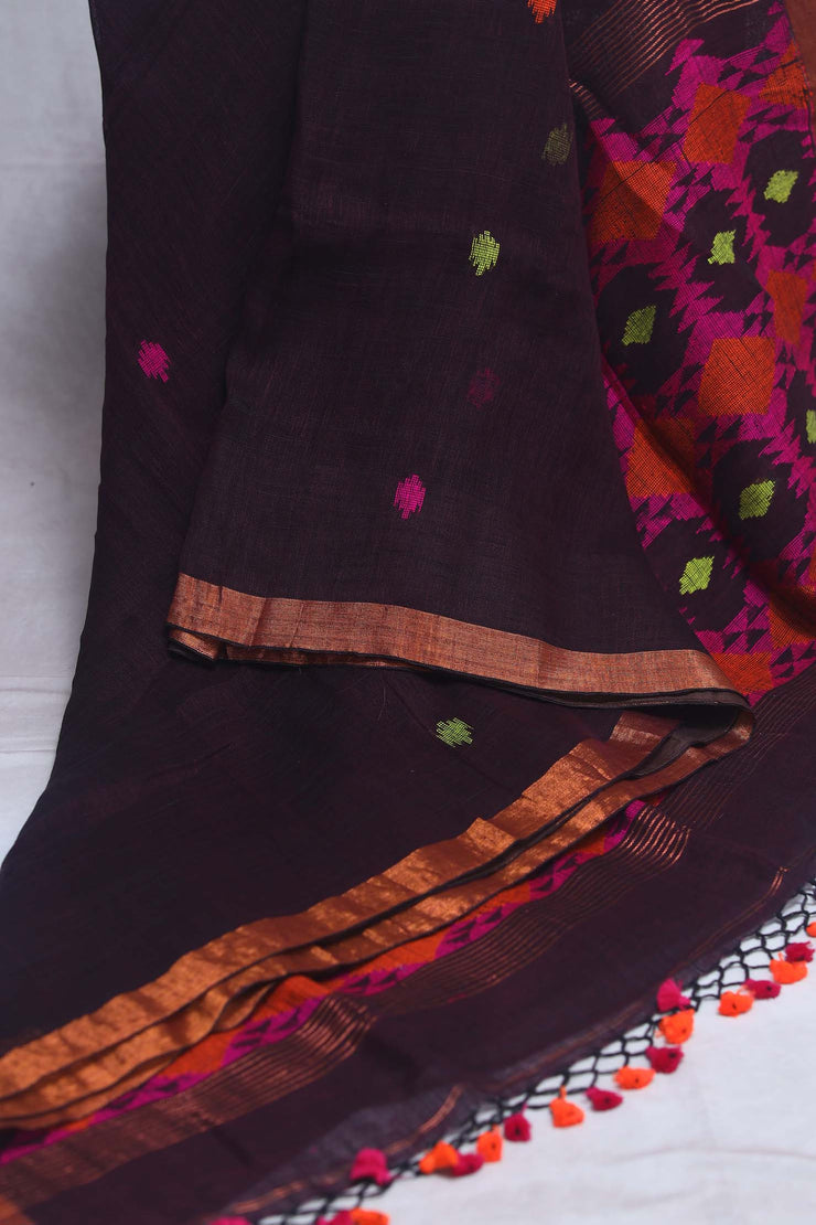 Handloom linen saree jamdani pallu, with BP