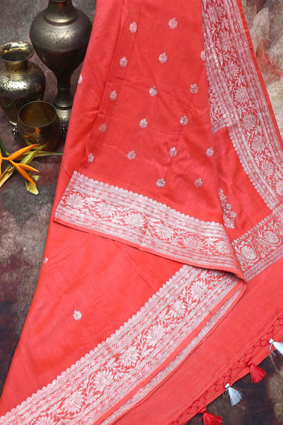 Coral color hanloom munga silk saree with silver zari banarsi weave , stitched blouse