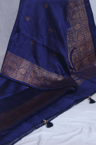 Navy blue dupion pure silk saree with stitched blouse