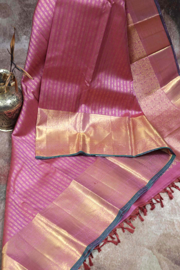 Handwoven Onion pink pure silk Kanchivaram brocade saree with stitched blouse