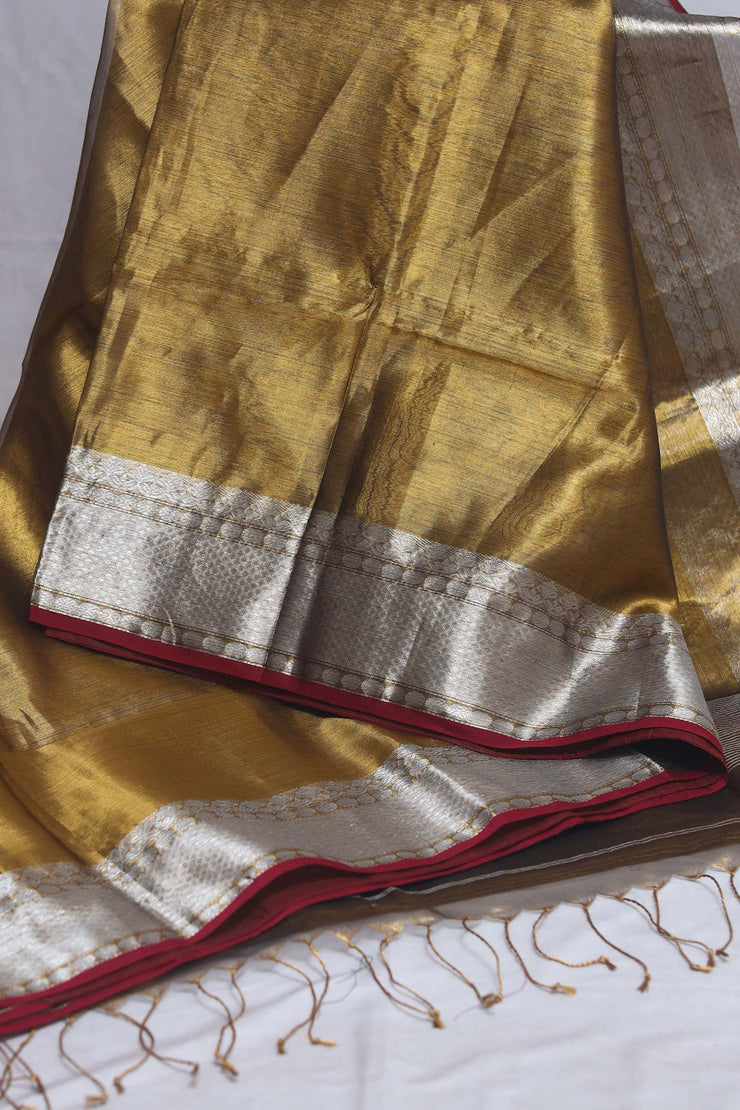 Antique gold tissue saree with banarsi border, with stitched blouse