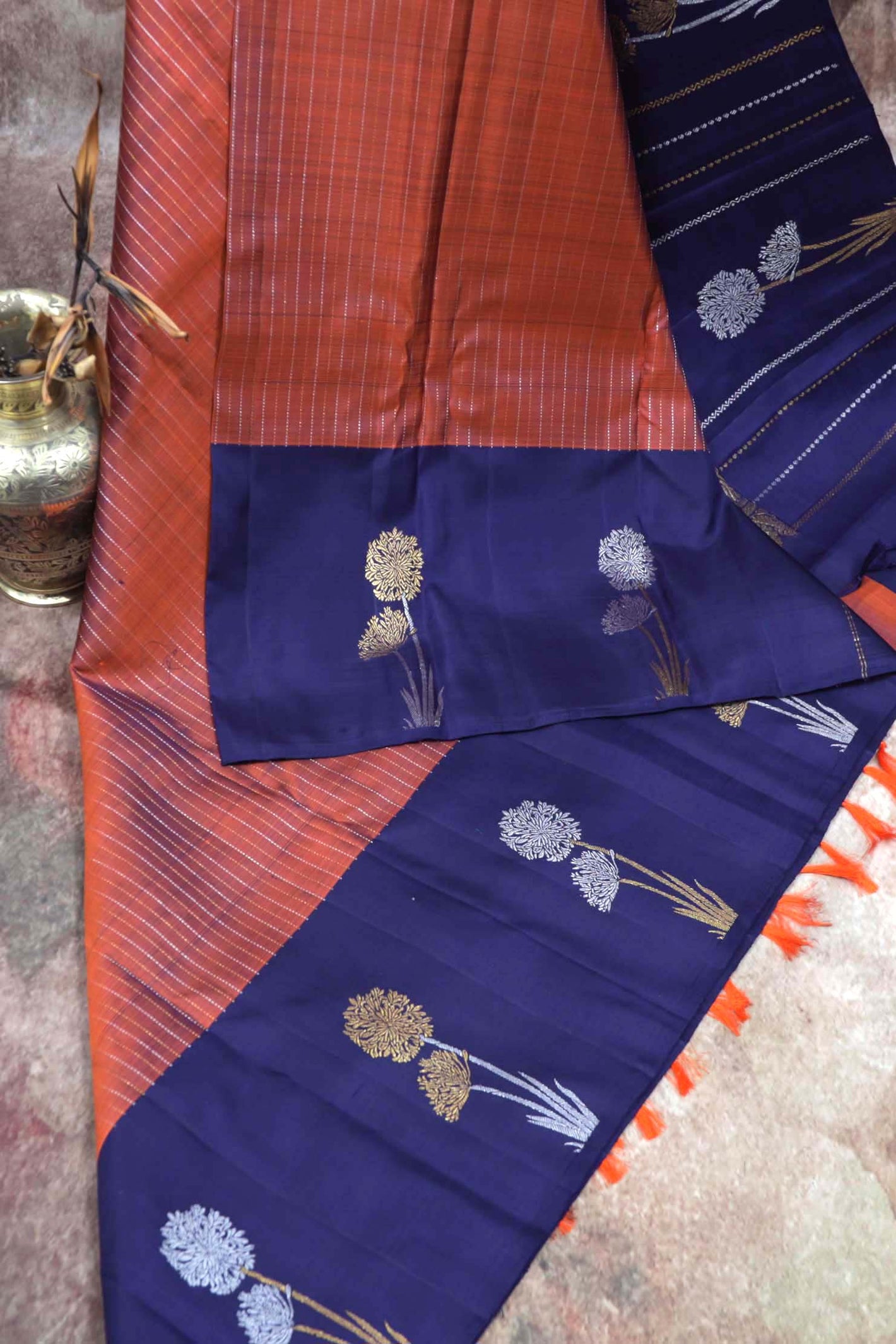 Handwoven Rust color and navy blue combo pure silk kanchivaram pure silk saree