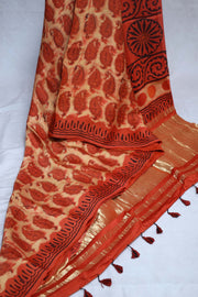 Vanaspati hand block print on modal silk saree with zari pallu and with stitched blouse