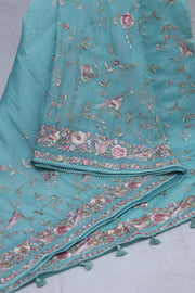 Light blue soft organza saree with Parsi gara machine embroidery work , with stitched blouse