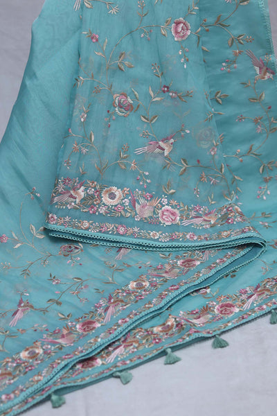 Light blue soft organza saree with Parsi gara machine embroidery work , with stitched blouse