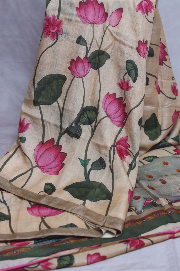 Off white pitchwai printed pure tussar silk saree with stitched blouse