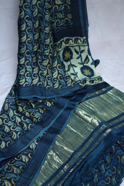 Vanaspati hand block print on modal silk saree with zari pallu and with stitched blouse